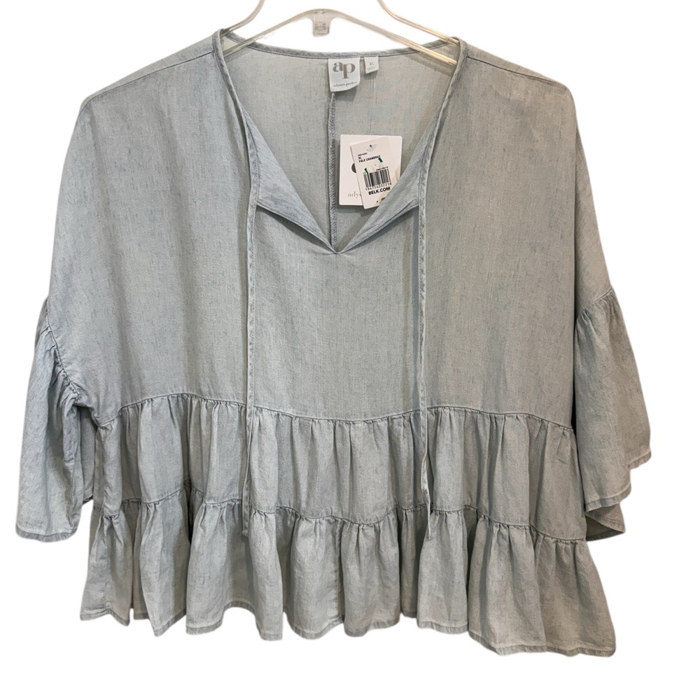 AP Adyson Parker Boho Light Blue Ruffle Hem Chambray Peplum Women's Top Size XL - Picture 11 of 11